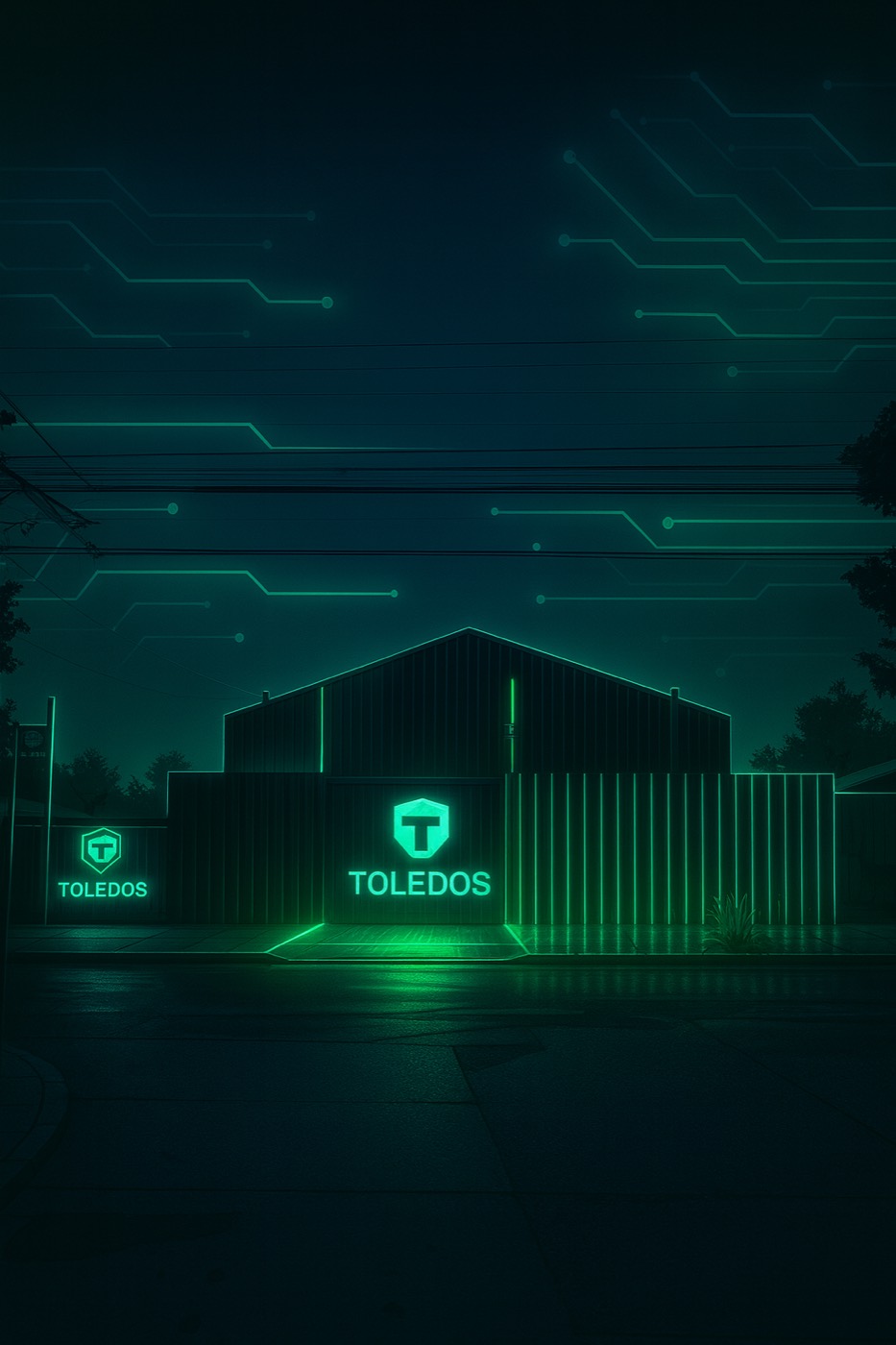 Oficina de Toledos Tecnología de noche, con letrero iluminado